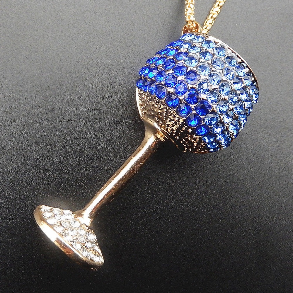 New Blue Goblet Crystal Wine Glass Chain Gold‎ Tone Necklace